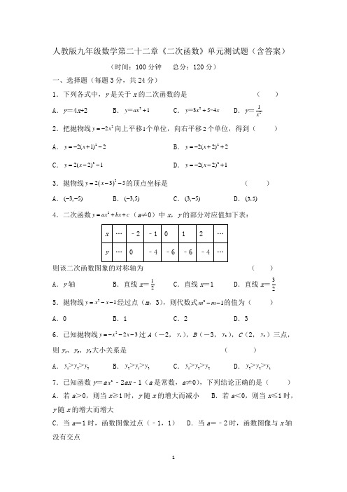 人教版九年级数学第二十二章《二次函数》单元测试题(含答案)