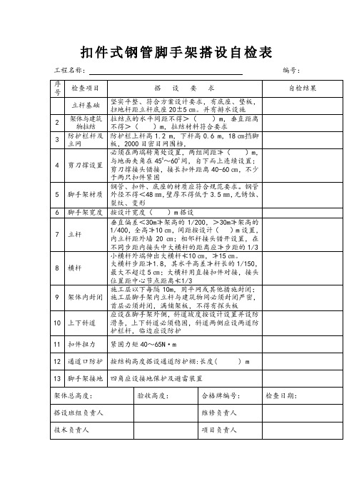 扣件式钢管脚手架搭设自检表