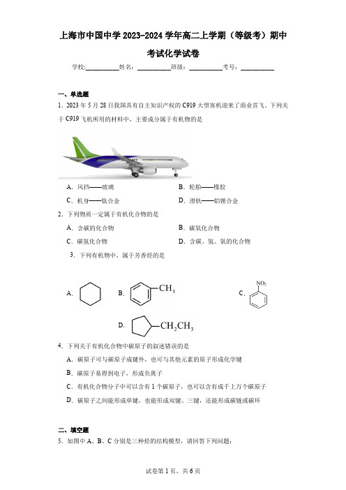 上海市中国中学2023-2024学年高二上学期(等级考)期中考试化学试卷