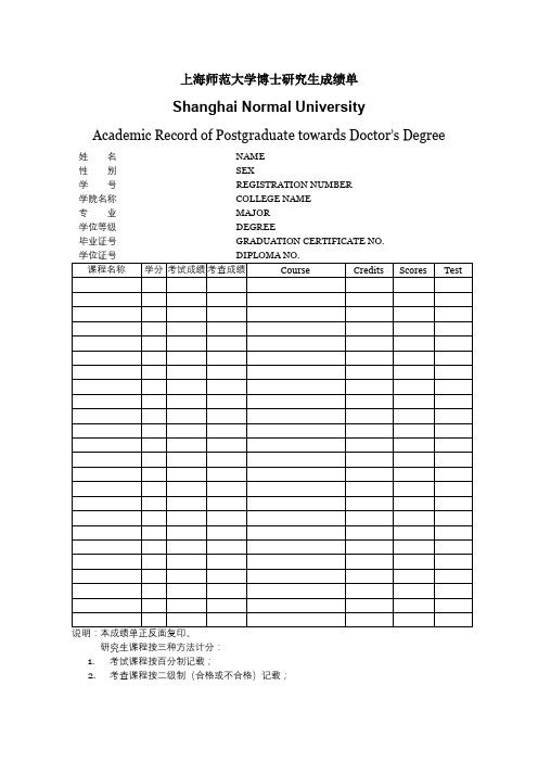 上海师范大学博士研究生成绩单【模板】