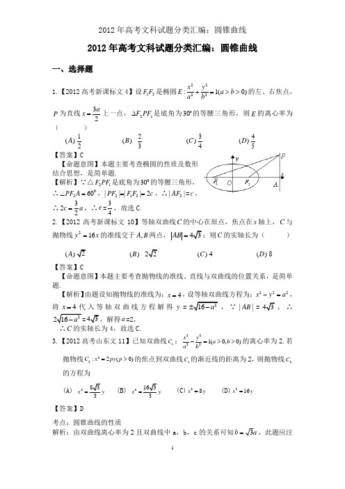 2012年高考文科全国试题汇编：圆锥曲线(含解析)