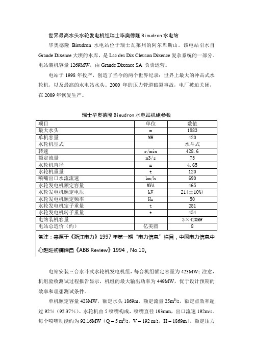 世界最高水头水轮发电机组瑞士毕奥德隆Bieudron水电站