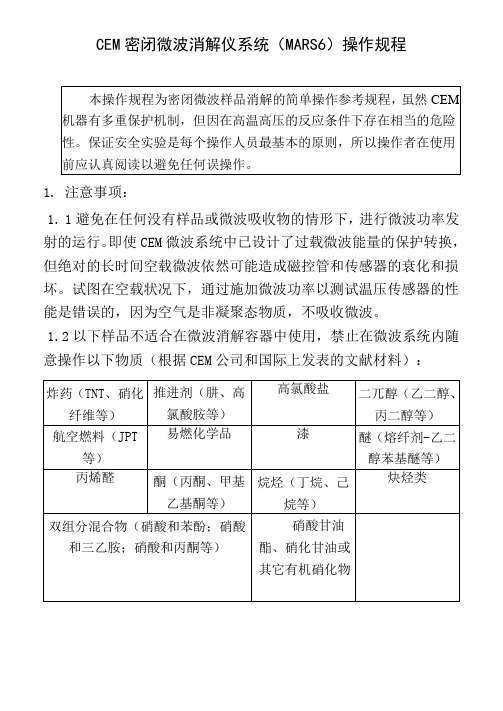 CEM密闭微波消解仪系统(MARS6)操作规程