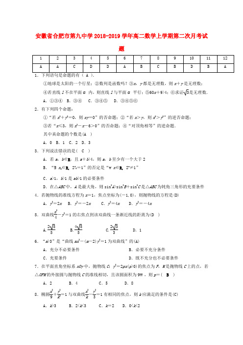 安徽省合肥市第九中学2018-2019学年高二数学上学期第二次月考试题