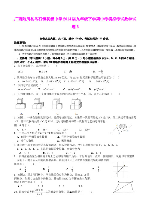 广西陆川县乌石镇初级中学2014届九年级下学期中考模拟考试数学试题3