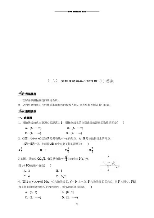 人教a版高中数学选修1-1练习(无答案):2.3.2抛物线的简单几何性质(1).docx