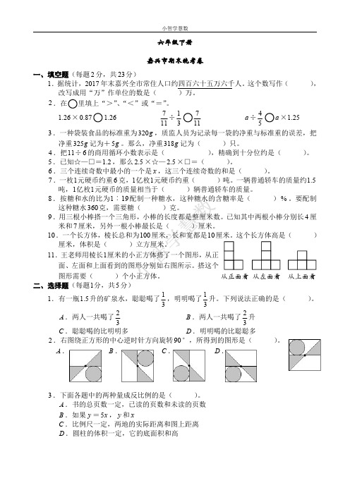2017学年六下嘉兴市期末统考卷MJP