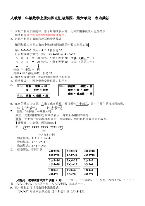 人教版二年级数学上册知识点汇总第四、第六单元  表内乘法