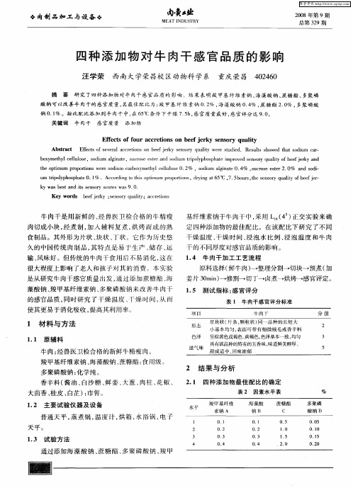 四种添加物对牛肉干感官品质的影响