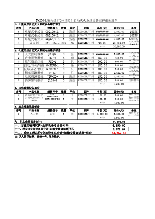 FM200七氟丙烷(气体消防)自动灭火系统设备维护保养报价清单