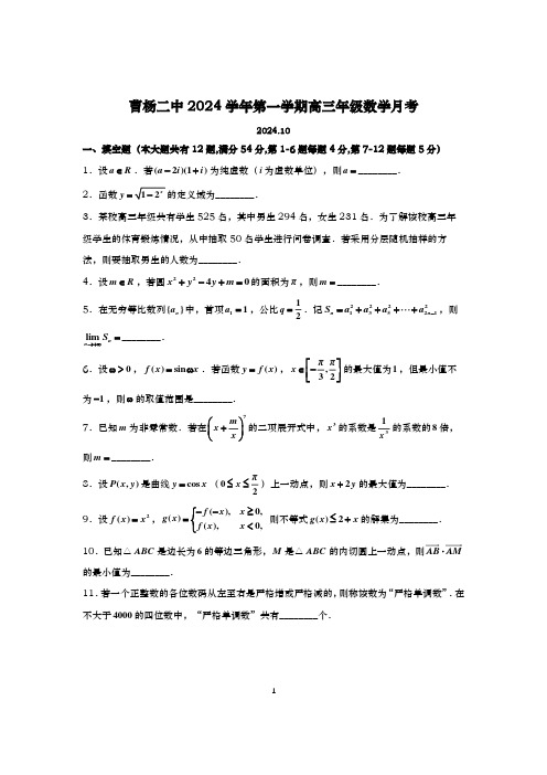 2024-2025学年上海曹杨二中高三上学期数学月考试卷及答案(2024.10)