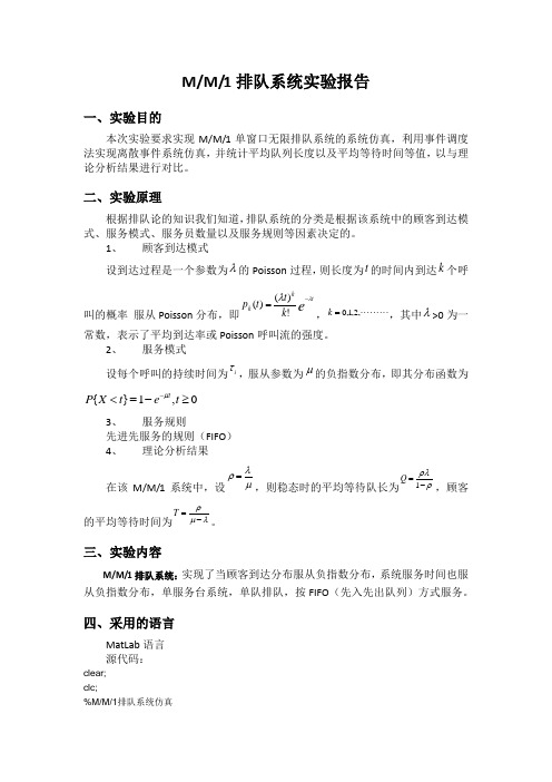 MM1排队系统仿真matlab实验报告