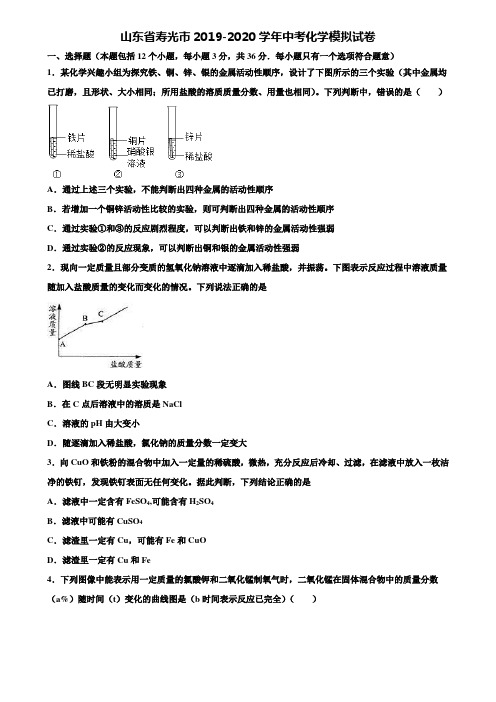 【附20套中考模拟试卷】山东省寿光市2019-2020学年中考化学模拟试卷含解析