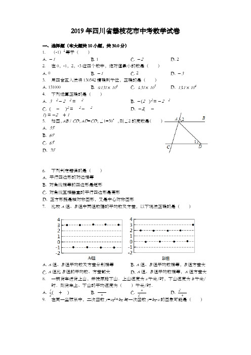 【精编】四川省攀枝花市2019中考数学试卷(解析版)