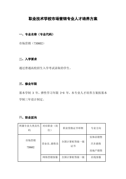 职业技术学校市场营销专业人才培养方案