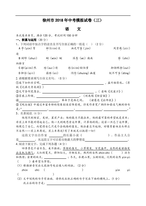 最新-徐州市2018年中考模拟试卷(三) 精品