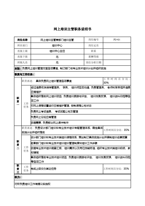 通信行业培训中心网上培训主管岗位说明书