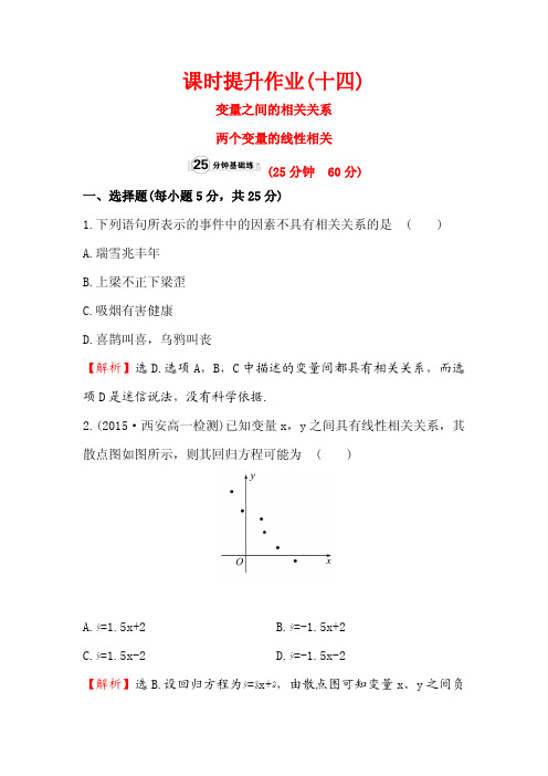 《课时讲练通》2017-2018学年高中数学(人教A版)必修三课时提升作业:(十四) 2.3.1 变量之间的