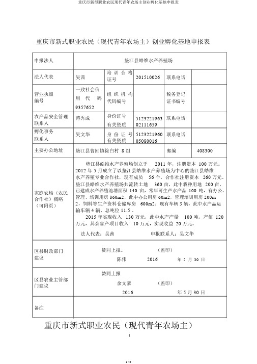 重庆市新型职业农民现代青年农场主创业孵化基地申报表