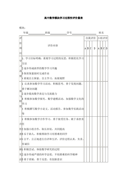 高中数学模块学习过程性评价量表-教师进修学校