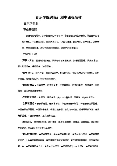 音乐学院课程计划中课程名称