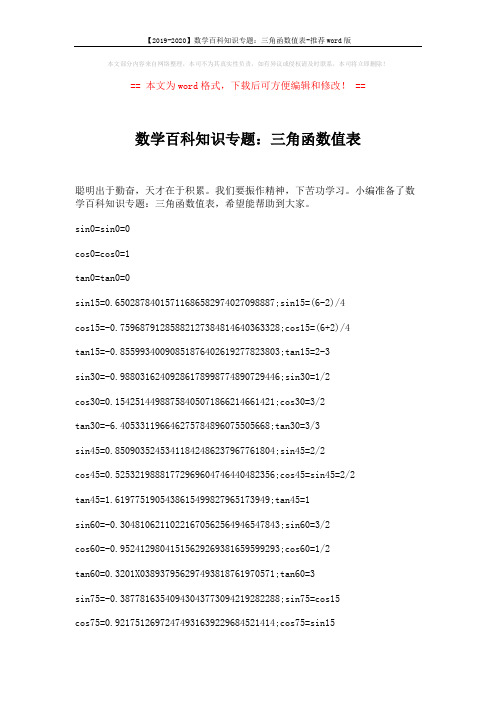 【2019-2020】数学百科知识专题：三角函数值表-推荐word版 (3页)