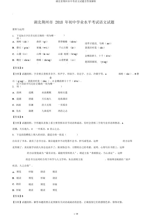 湖北省荆州市中考语文试题含答案解析