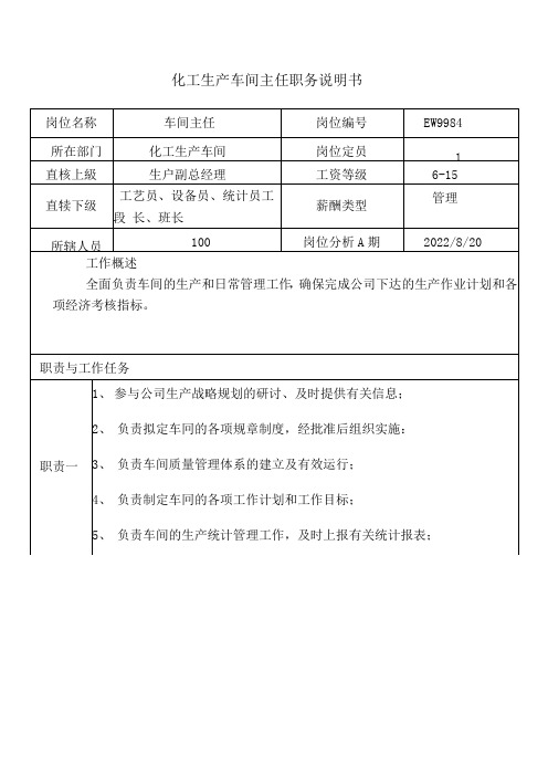 化工生产车间主任职务说明书