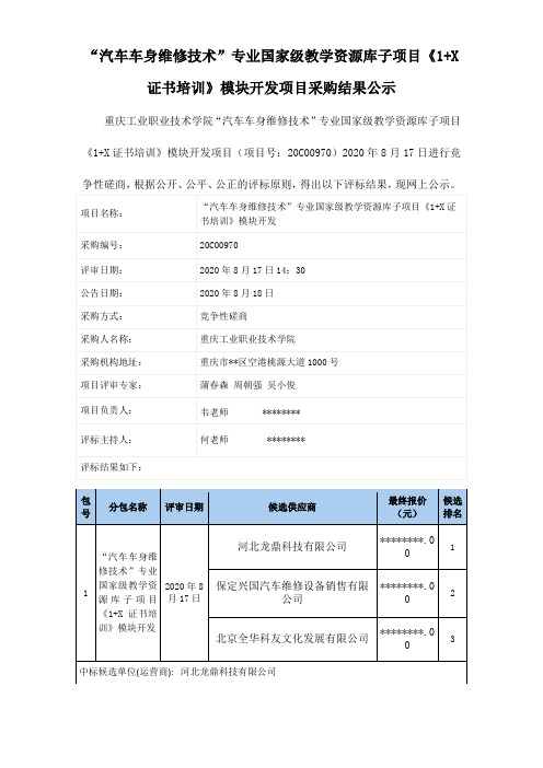 汽车车身维修技术专业国家级教学资源库子项目《1+X证书培训》模块开发项目采购结果公示【模板】