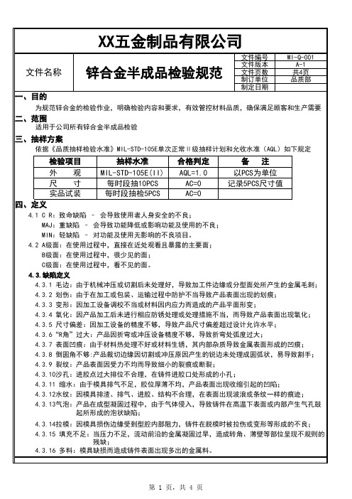 锌合金半成品检验规范