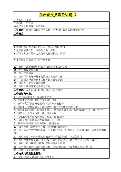 生产部文员职和规范化位说明书