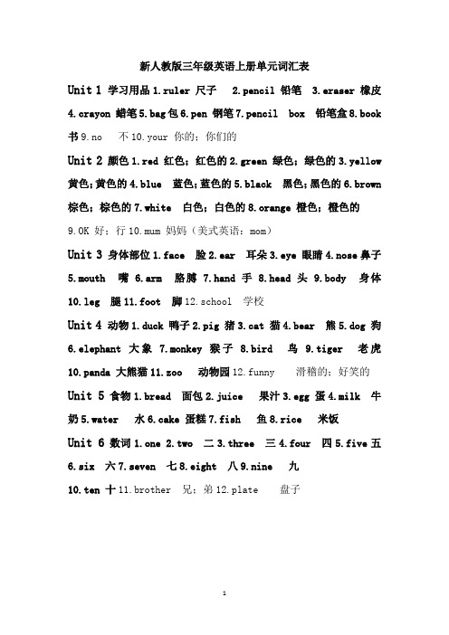 新人教版三年级英语上册单元词汇表