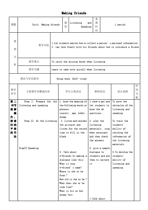 七年级英语上册Unit1Makingfriends教案4(新版)牛津深圳版