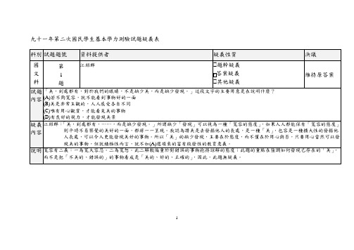 九十一年第二次国民学生基本学力测验试题疑义表