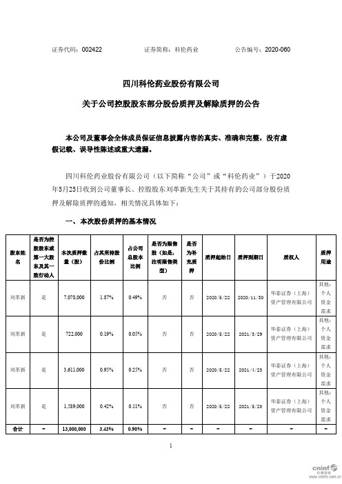 科伦药业：关于公司控股股东部分股份质押及解除质押的公告