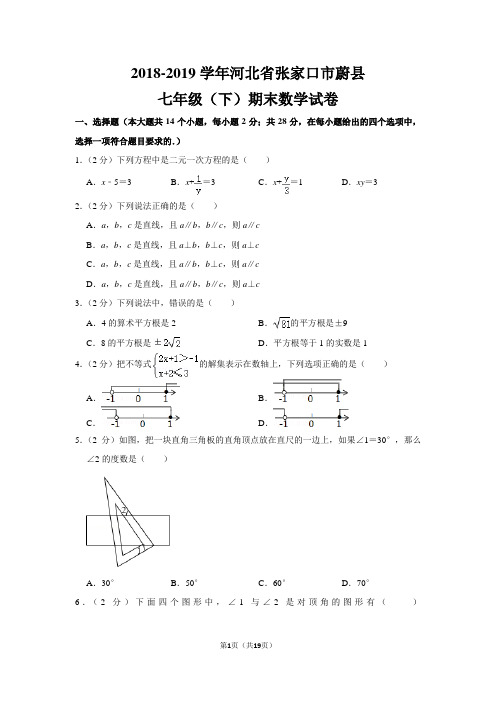 人教版初中数学七年级下册期末测试题(2018-2019学年河北省张家口市蔚县