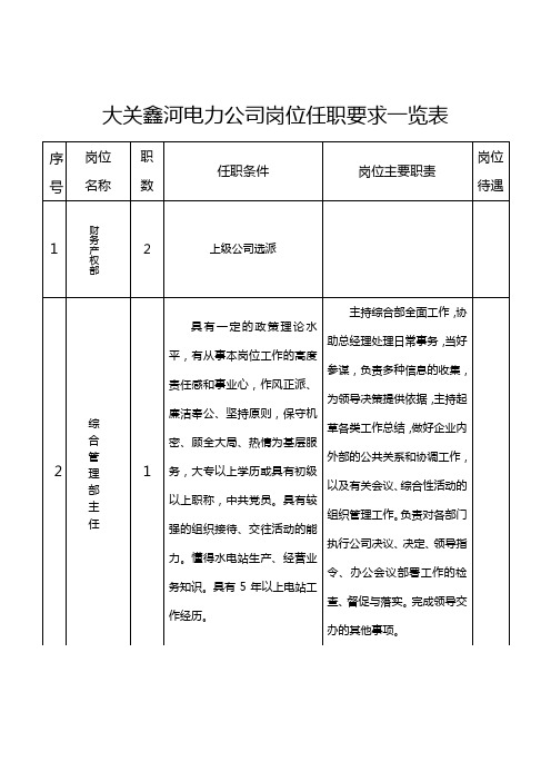 水电站岗位任职要求一览表