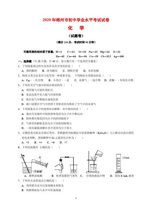 2020年湖南省郴州市中考化学试题及参考答案(word解析版)