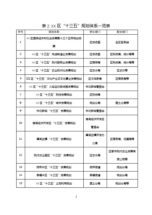 XX区十三五规划体系一览表【模板】