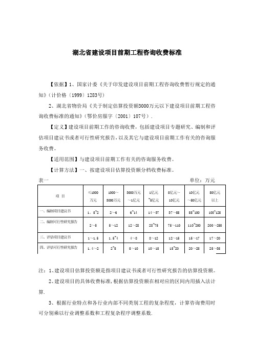 湖北省建设项目前期工程咨询收费标准