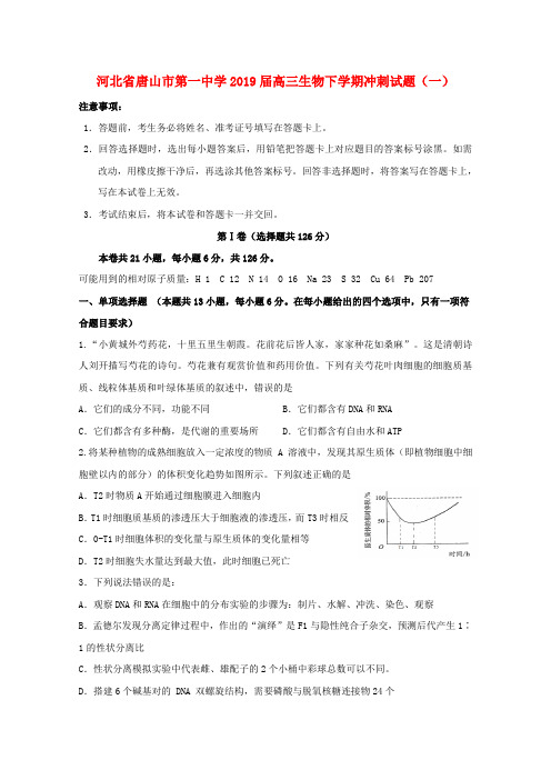 河北省唐山市第一中学2019届高三生物下学期冲刺试题(一)