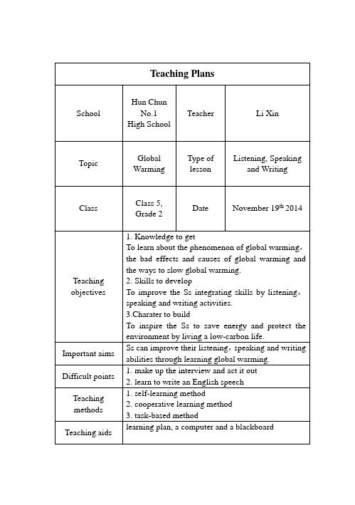 人教版英语选修六Unit 4 Global Warming(Listening, Speaking and Writing)教案