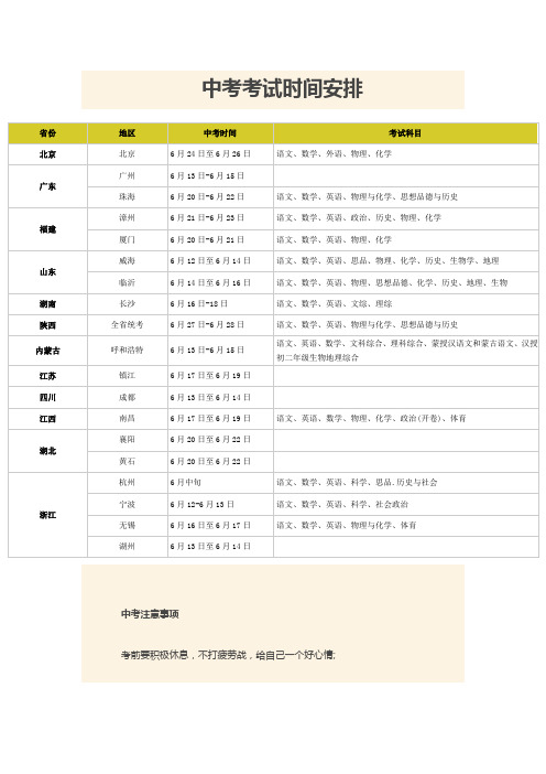 2016中考时间安排