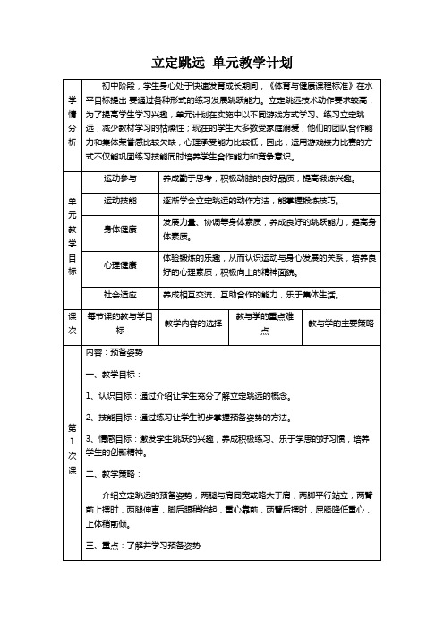 2020-2021学年人教版八年级体育全一册：第2章 田径《立定跳远》-教案