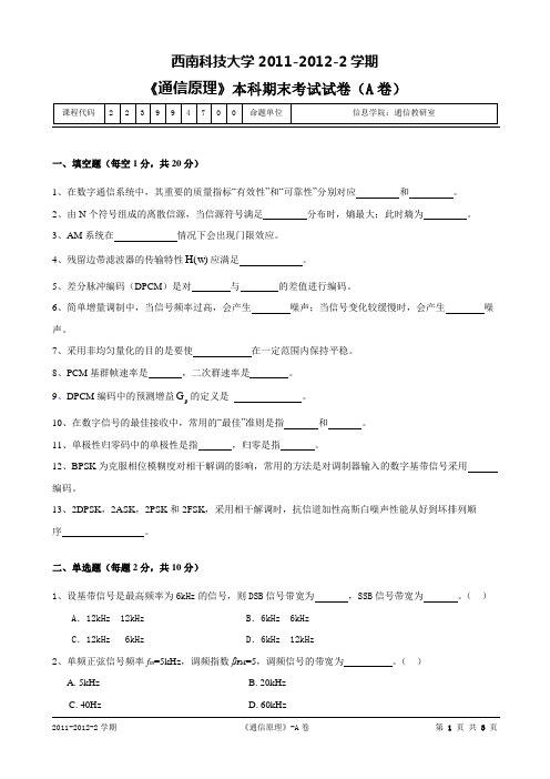 西南科技大学2012-通信原理A