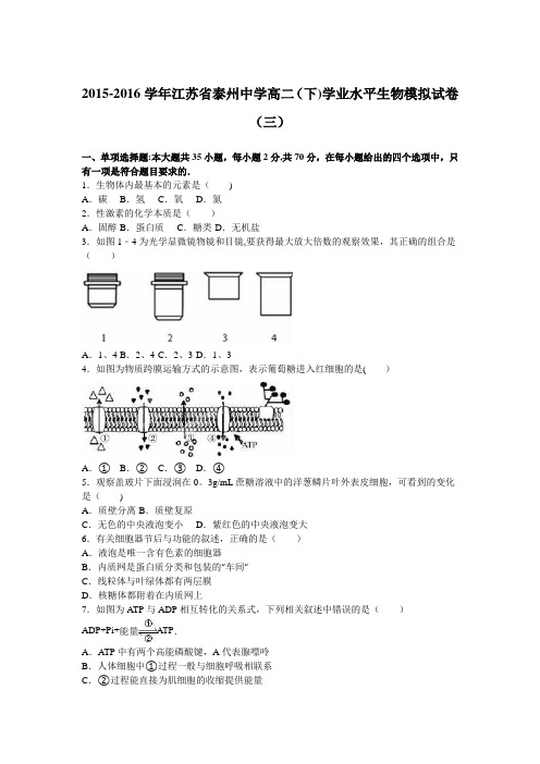 江苏省泰州中学2015-2016学年高二下学期学业水平生物模拟试卷(三) 含解析