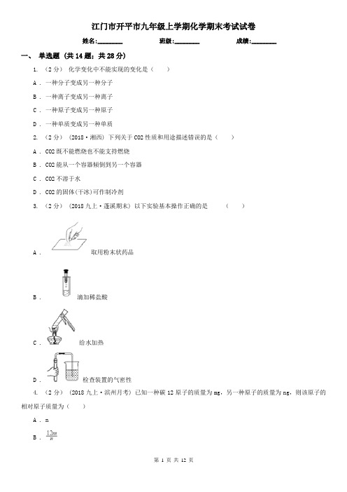 江门市开平市九年级上学期化学期末考试试卷