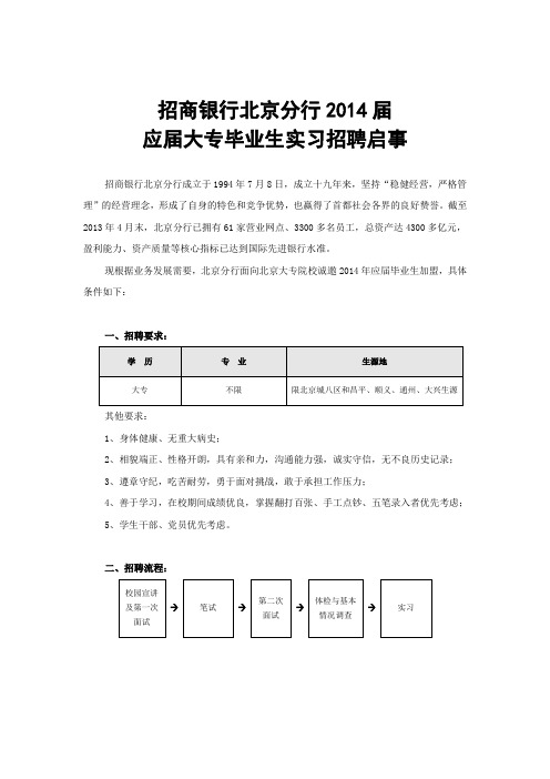 招商银行北京分行2014届应届大专毕业生招聘启事