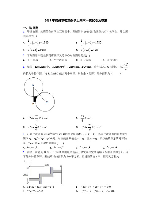 2019年滨州市初三数学上期末一模试卷及答案