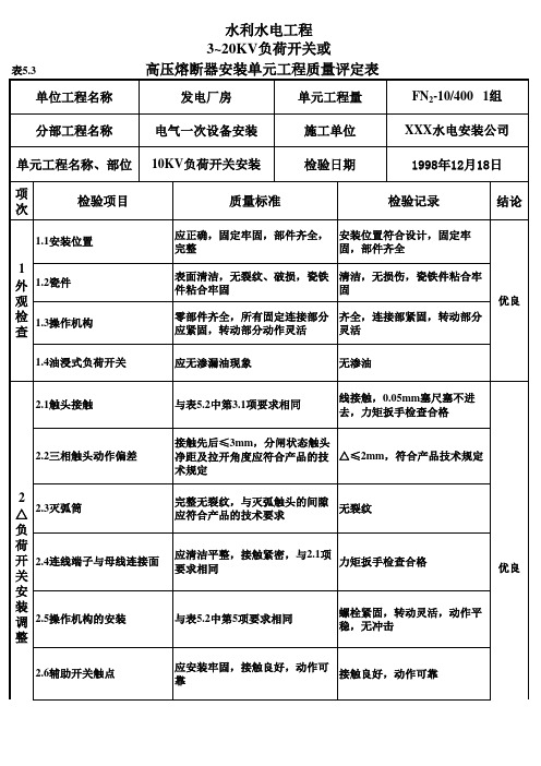 表5.3 3~20KV负荷开关或高压熔断器安装单元工程质量评定表(例表1)